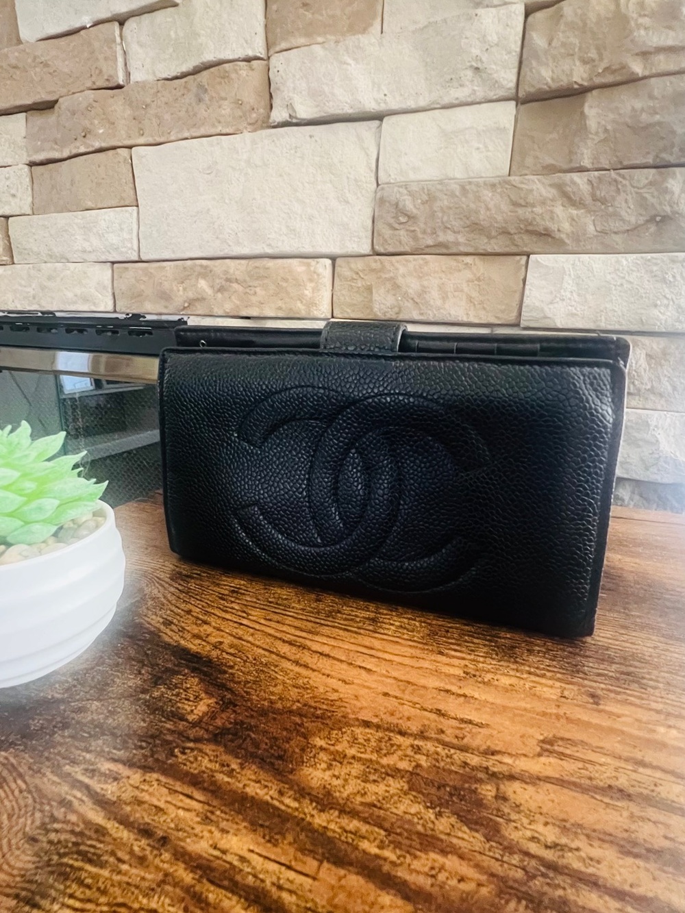 Chanel Black  Caviar Leather Wallet Clutch